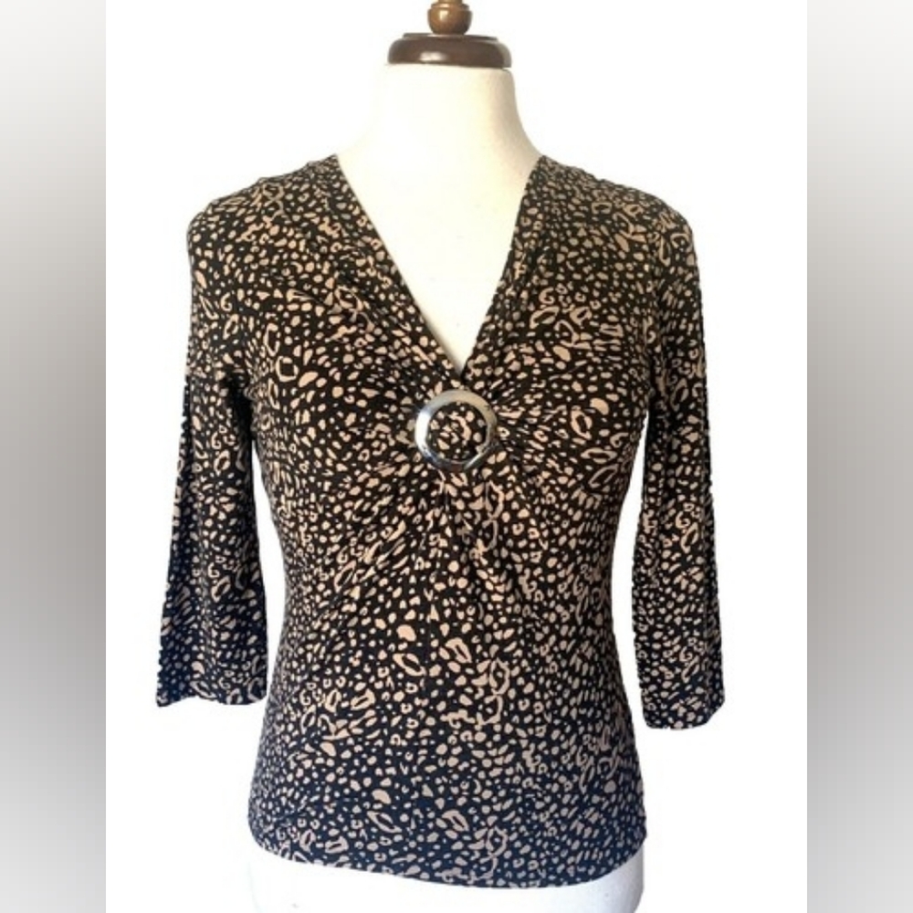 JOSEPHINE CHAUS | Size Large Black & Tan Abstract Animal Print 3/4 Sleeve Knit